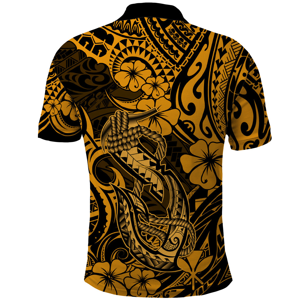 Hawaii Fish Hook Polo Shirt Polynesian Pattern Gold Version - Wonder Print Shop