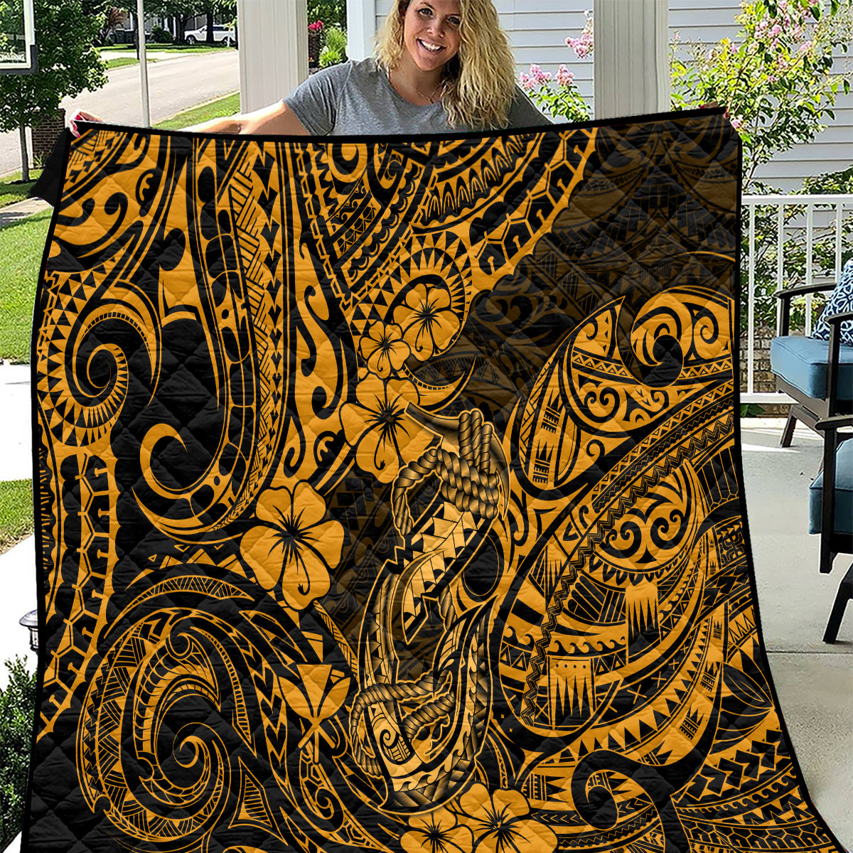 Hawaii Fish Hook Quilt Polynesian Pattern Gold Version - Wonder Print Shop