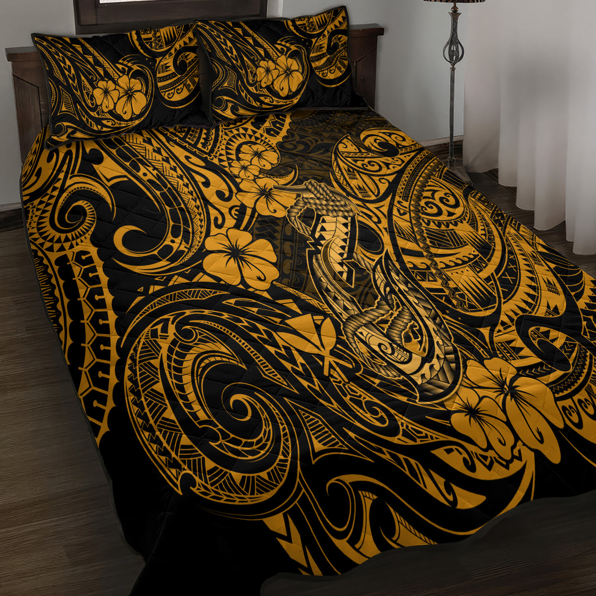 Hawaii Fish Hook Quilt Bed Set Polynesian Pattern Gold Version - Wonder Print Shop