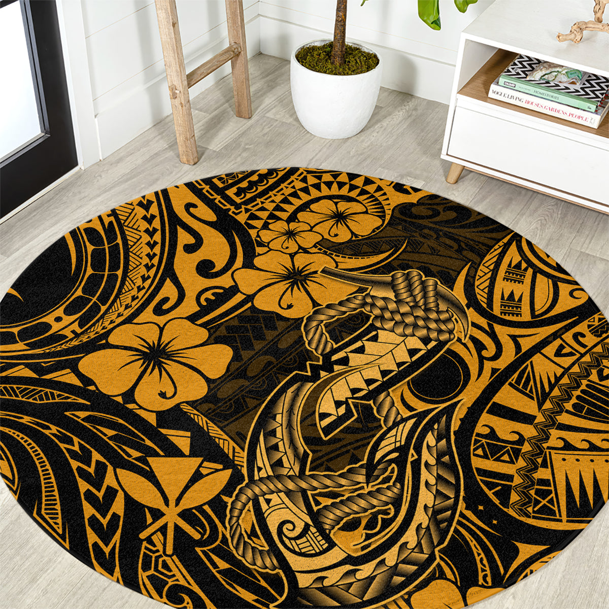 hawaii-fish-hook-round-carpet-polynesian-pattern-gold-version
