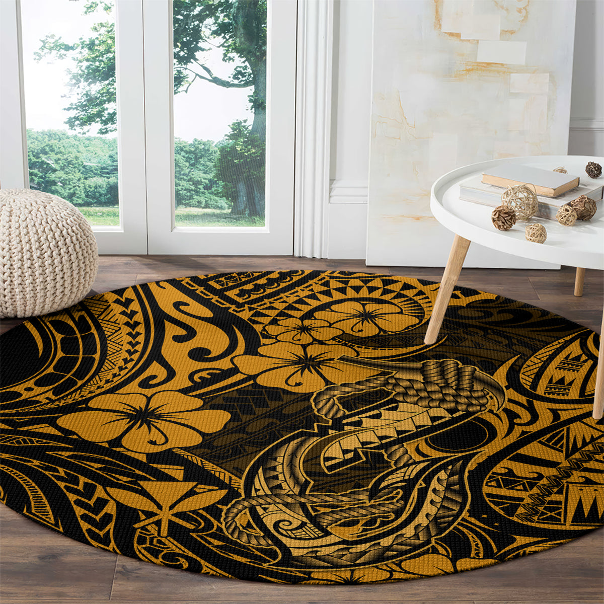 hawaii-fish-hook-round-carpet-polynesian-pattern-gold-version