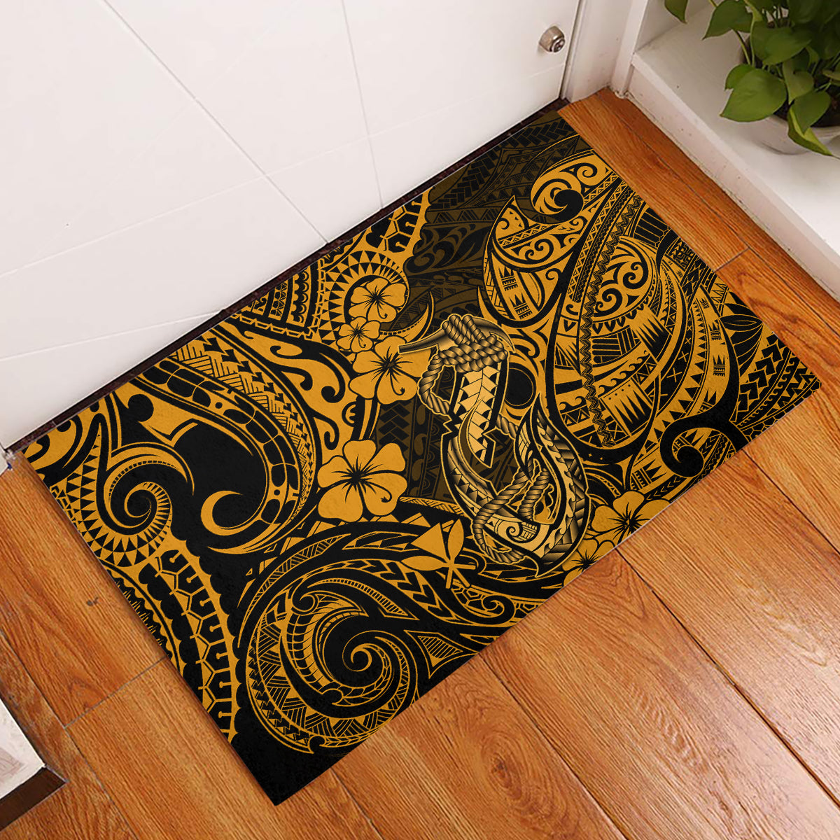 Hawaii Fish Hook Rubber Doormat Polynesian Pattern Gold Version - Wonder Print Shop