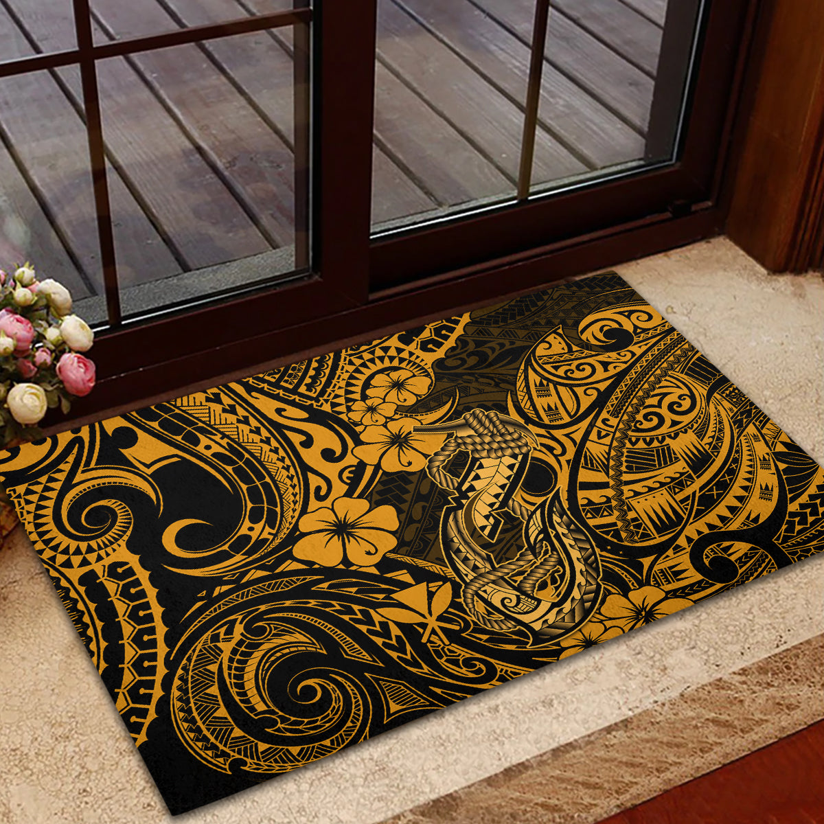 Hawaii Fish Hook Rubber Doormat Polynesian Pattern Gold Version - Wonder Print Shop