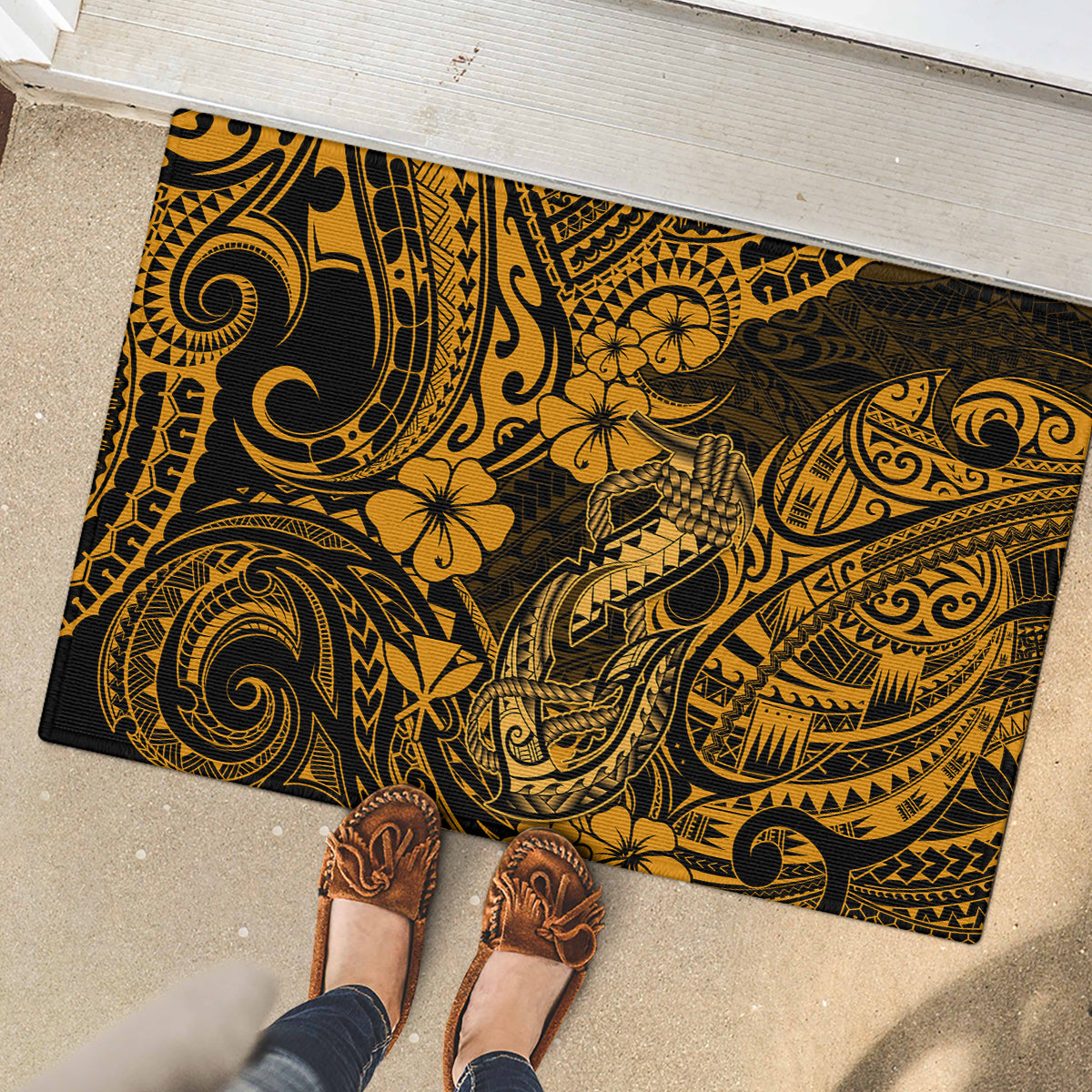 Hawaii Fish Hook Rubber Doormat Polynesian Pattern Gold Version - Wonder Print Shop
