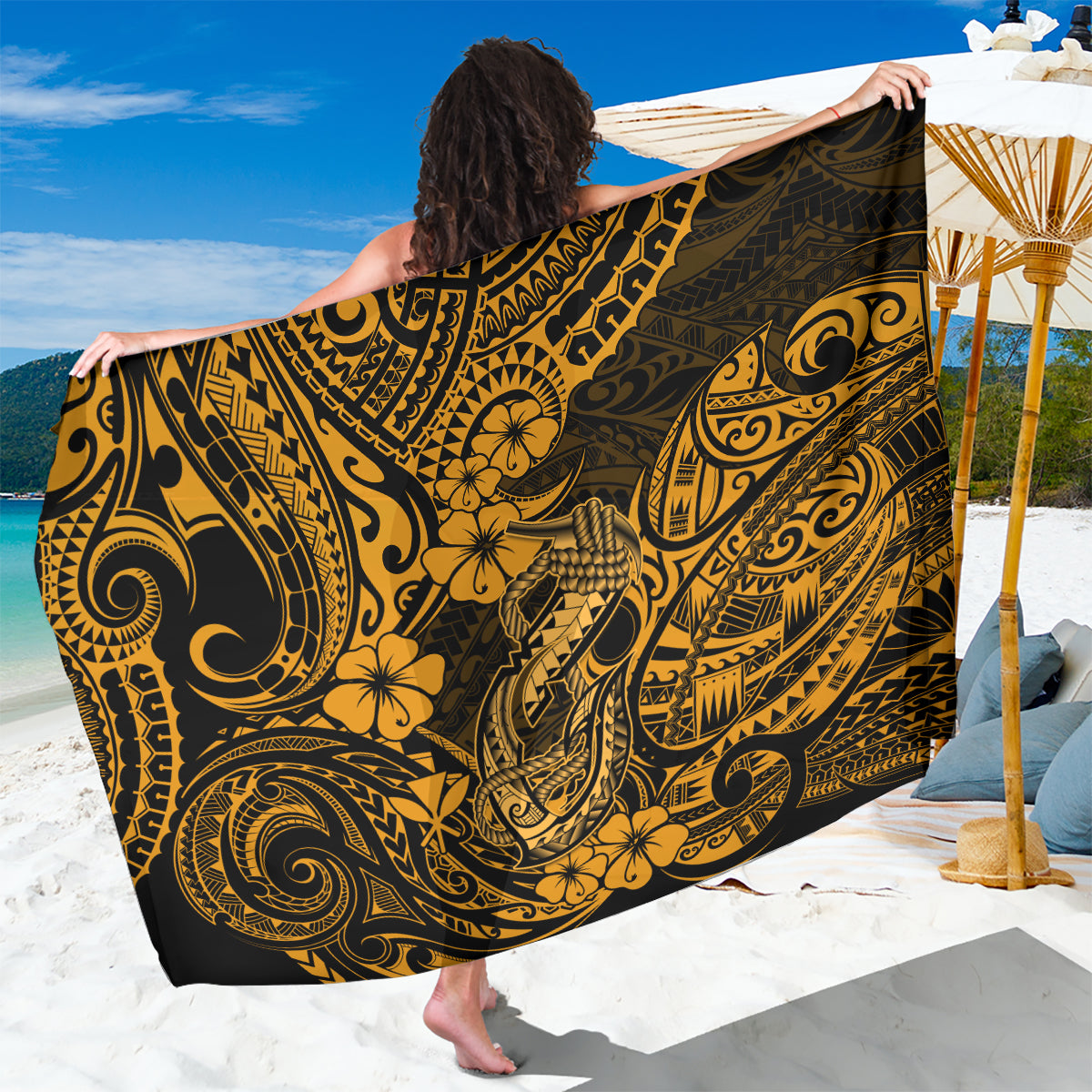 Hawaii Fish Hook Sarong Polynesian Pattern Gold Version - Wonder Print Shop