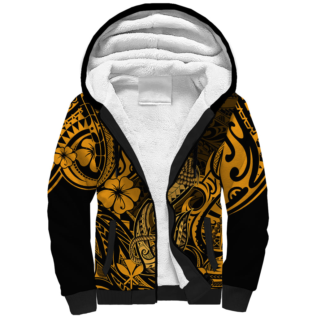 Hawaii Fish Hook Sherpa Hoodie Polynesian Pattern Gold Version - Wonder Print Shop