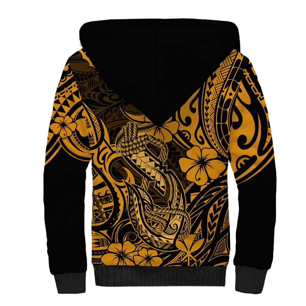 Hawaii Fish Hook Sherpa Hoodie Polynesian Pattern Gold Version - Wonder Print Shop