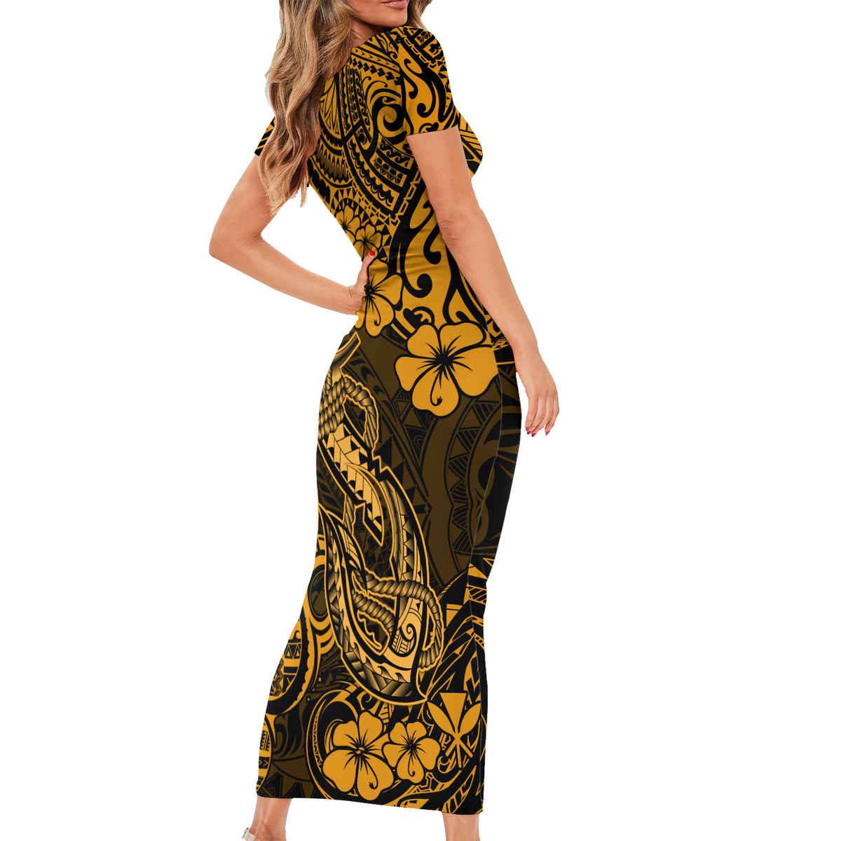 Hawaii Fish Hook Short Sleeve Bodycon Dress Polynesian Pattern Gold Version - Wonder Print Shop