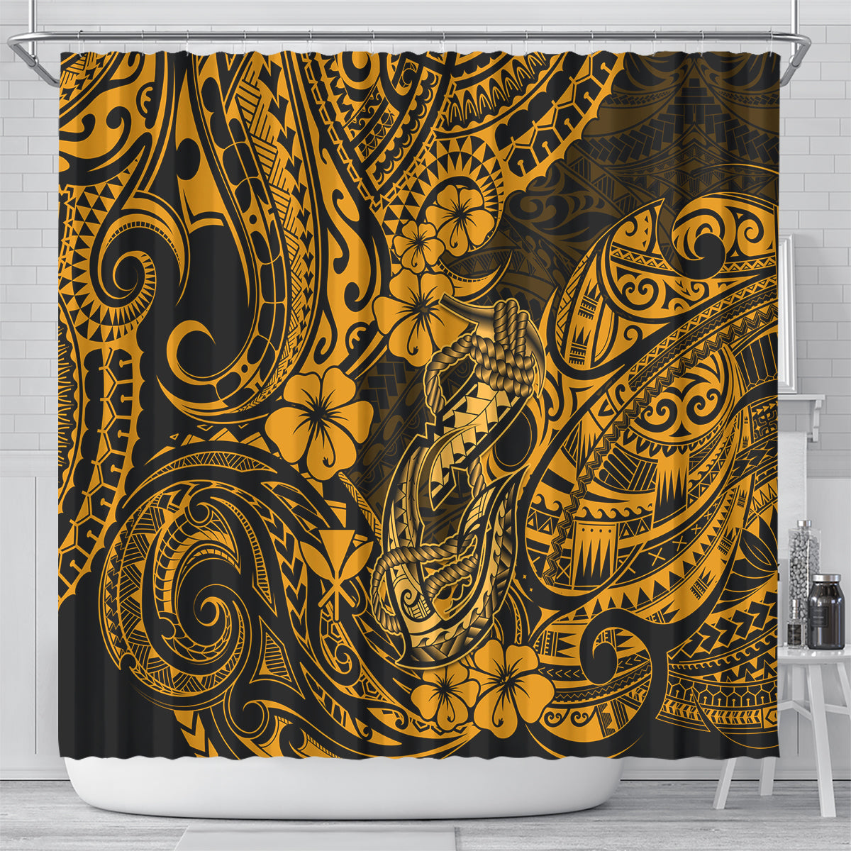 hawaii-fish-hook-shower-curtain-polynesian-pattern-gold-version