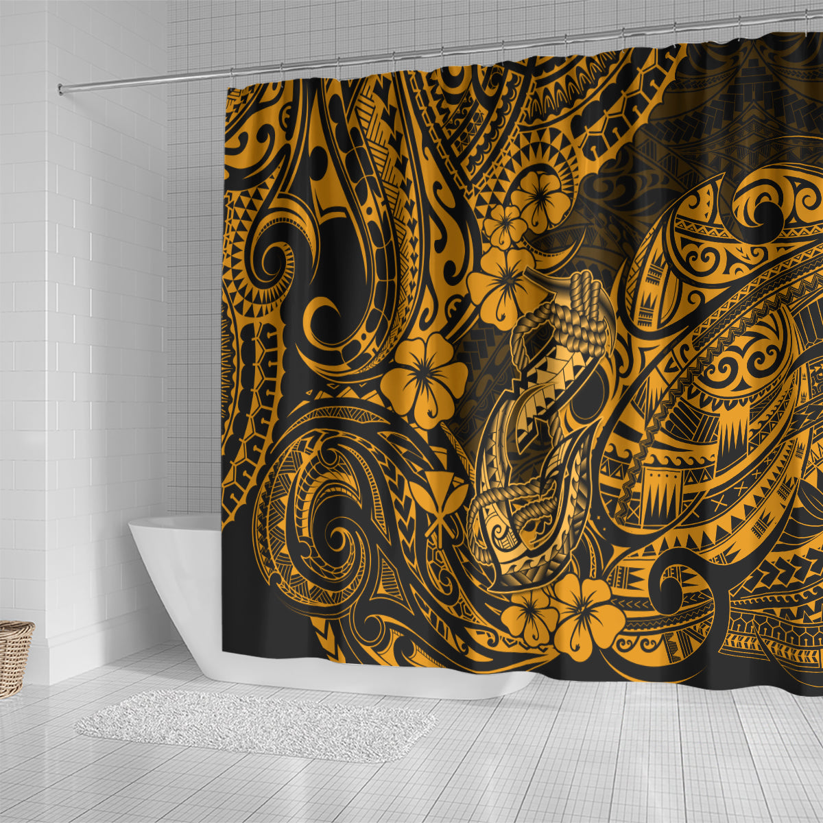 hawaii-fish-hook-shower-curtain-polynesian-pattern-gold-version