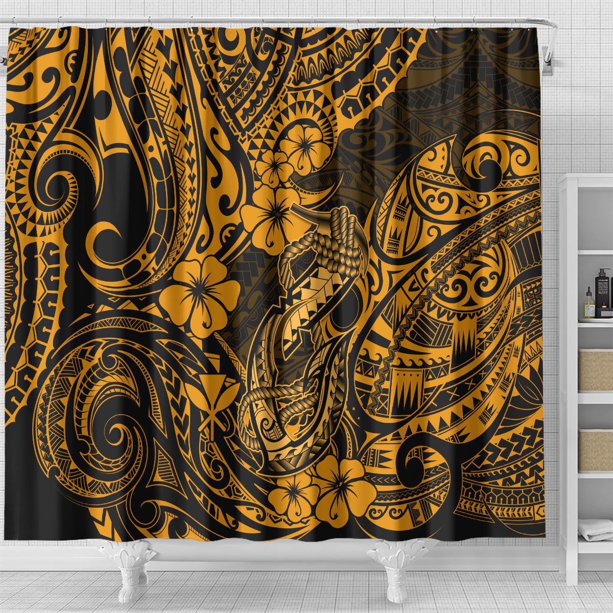 hawaii-fish-hook-shower-curtain-polynesian-pattern-gold-version
