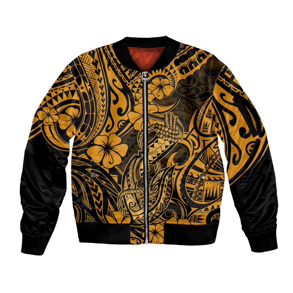 Hawaii Fish Hook Sleeve Zip Bomber Jacket Polynesian Pattern Gold Version - Wonder Print Shop