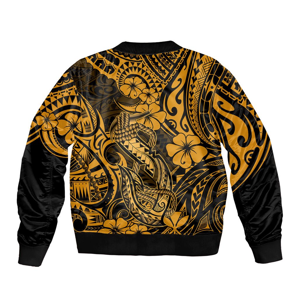 Hawaii Fish Hook Sleeve Zip Bomber Jacket Polynesian Pattern Gold Version - Wonder Print Shop