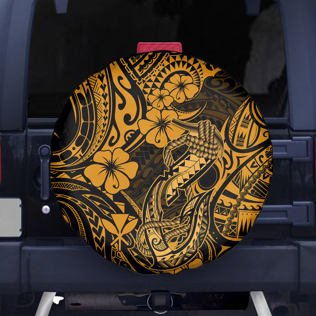 Hawaii Fish Hook Spare Tire Cover Polynesian Pattern Gold Version - Wonder Print Shop