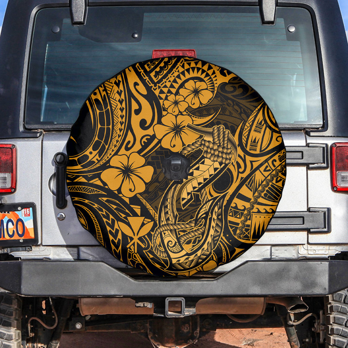 Hawaii Fish Hook Spare Tire Cover Polynesian Pattern Gold Version - Wonder Print Shop