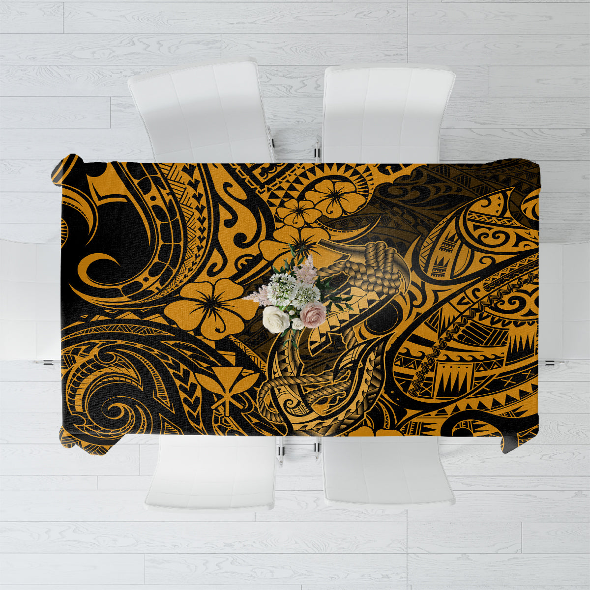 Hawaii Fish Hook Tablecloth Polynesian Pattern Gold Version - Wonder Print Shop