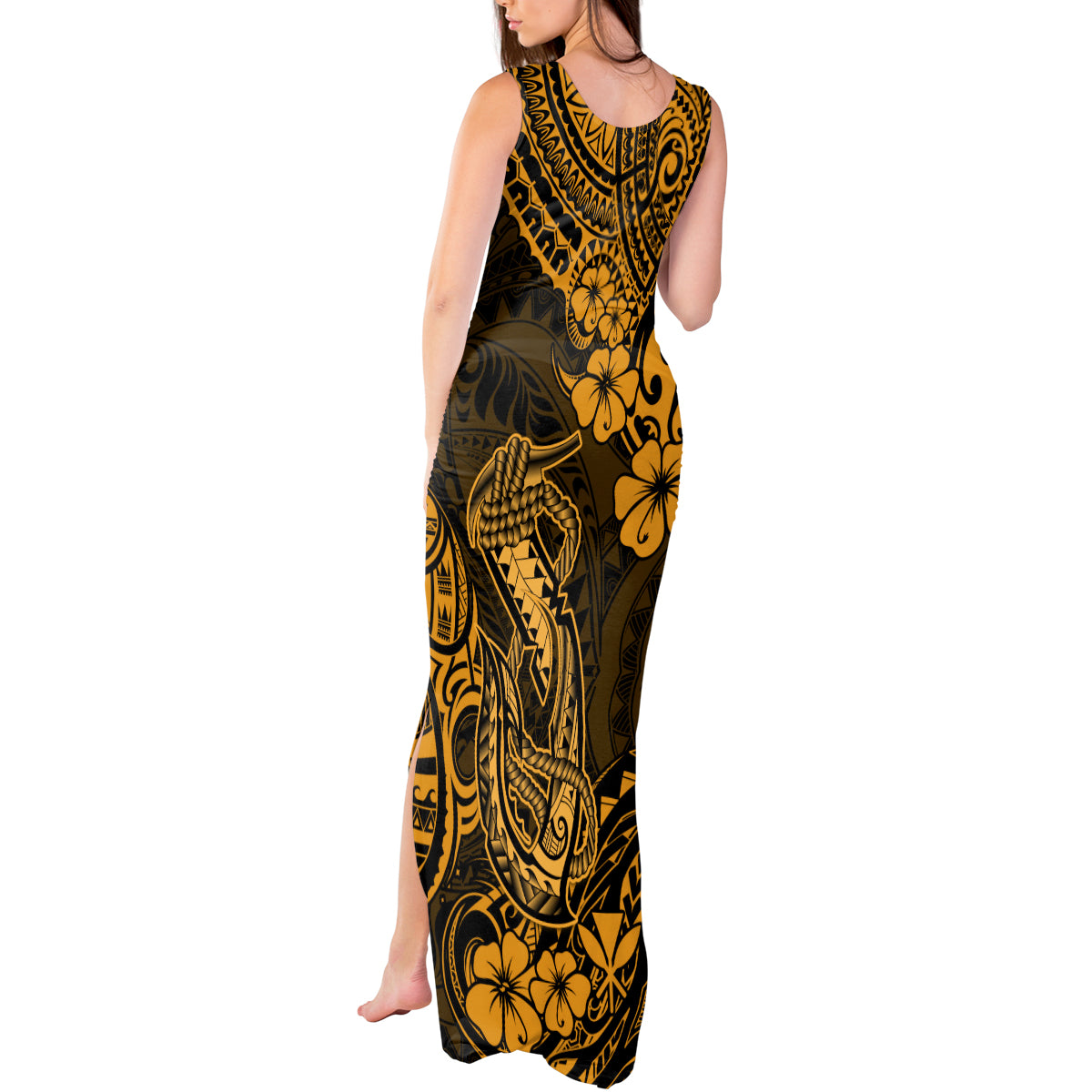 Hawaii Fish Hook Tank Maxi Dress Polynesian Pattern Gold Version - Wonder Print Shop