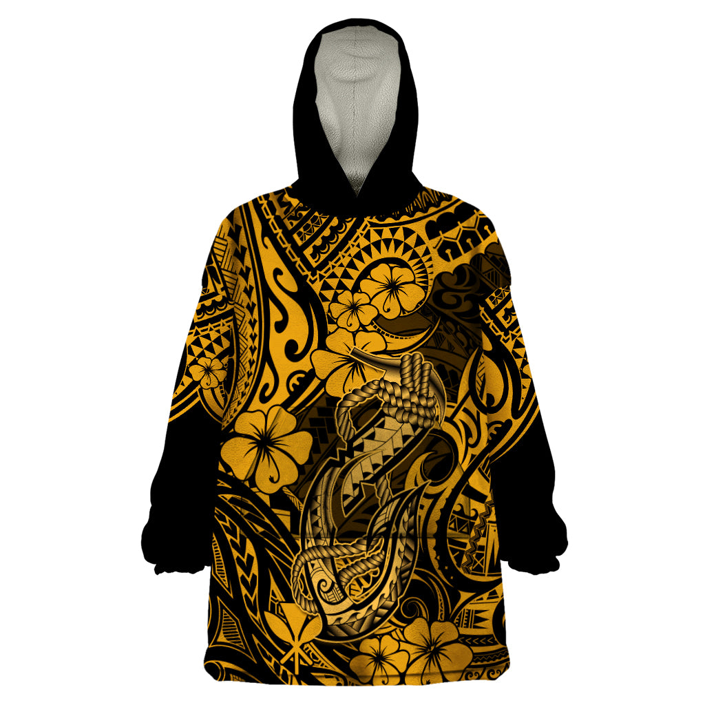 Hawaii Fish Hook Wearable Blanket Hoodie Polynesian Pattern Gold Version - Wonder Print Shop