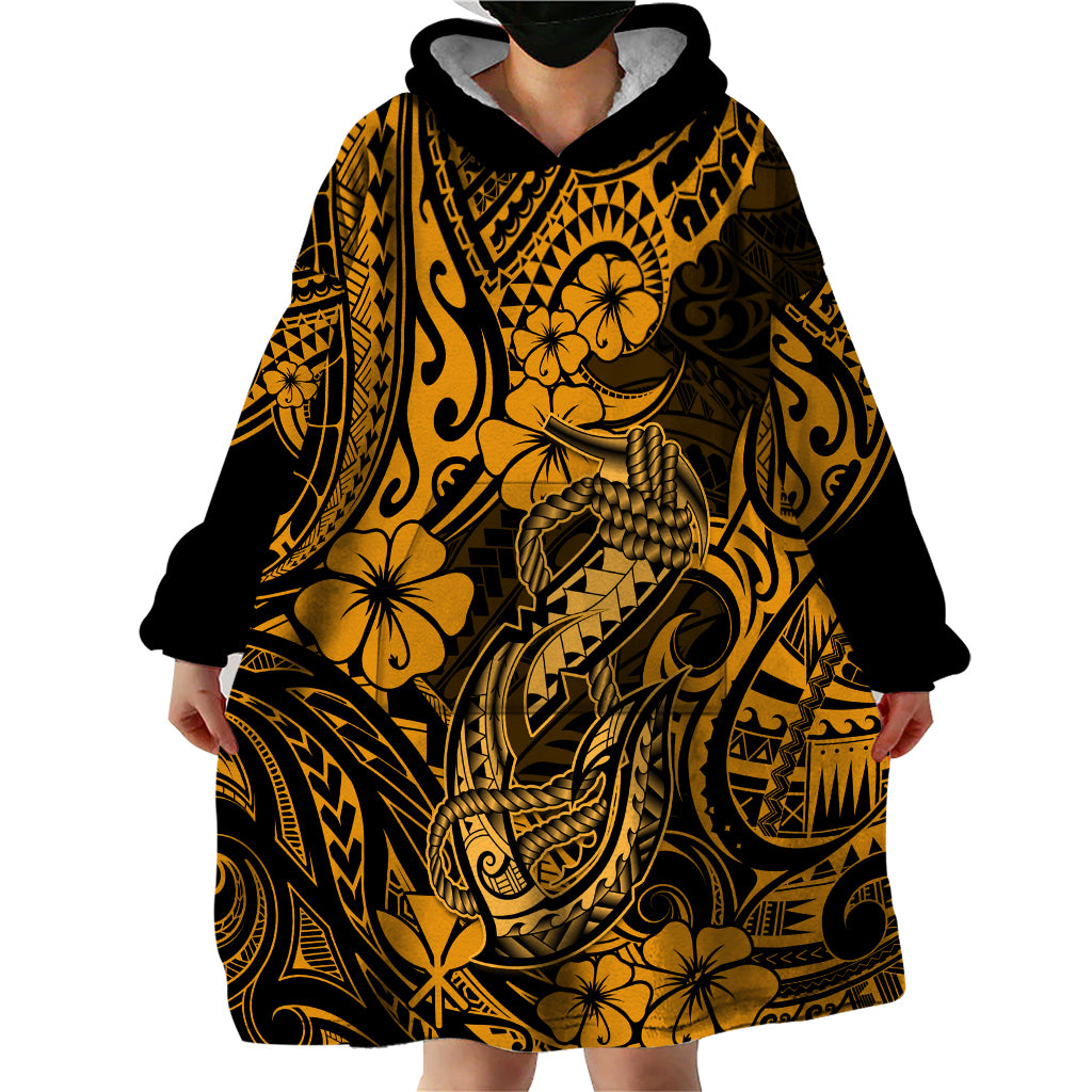 Hawaii Fish Hook Wearable Blanket Hoodie Polynesian Pattern Gold Version - Wonder Print Shop