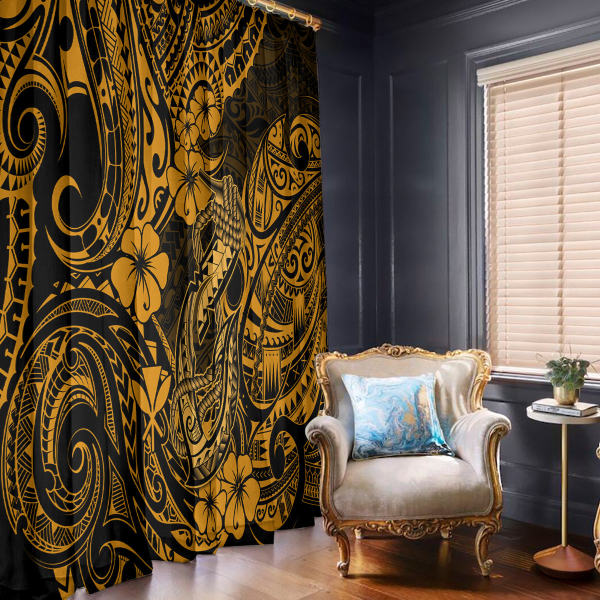 Hawaii Fish Hook Window Curtain Polynesian Pattern Gold Version - Wonder Print Shop