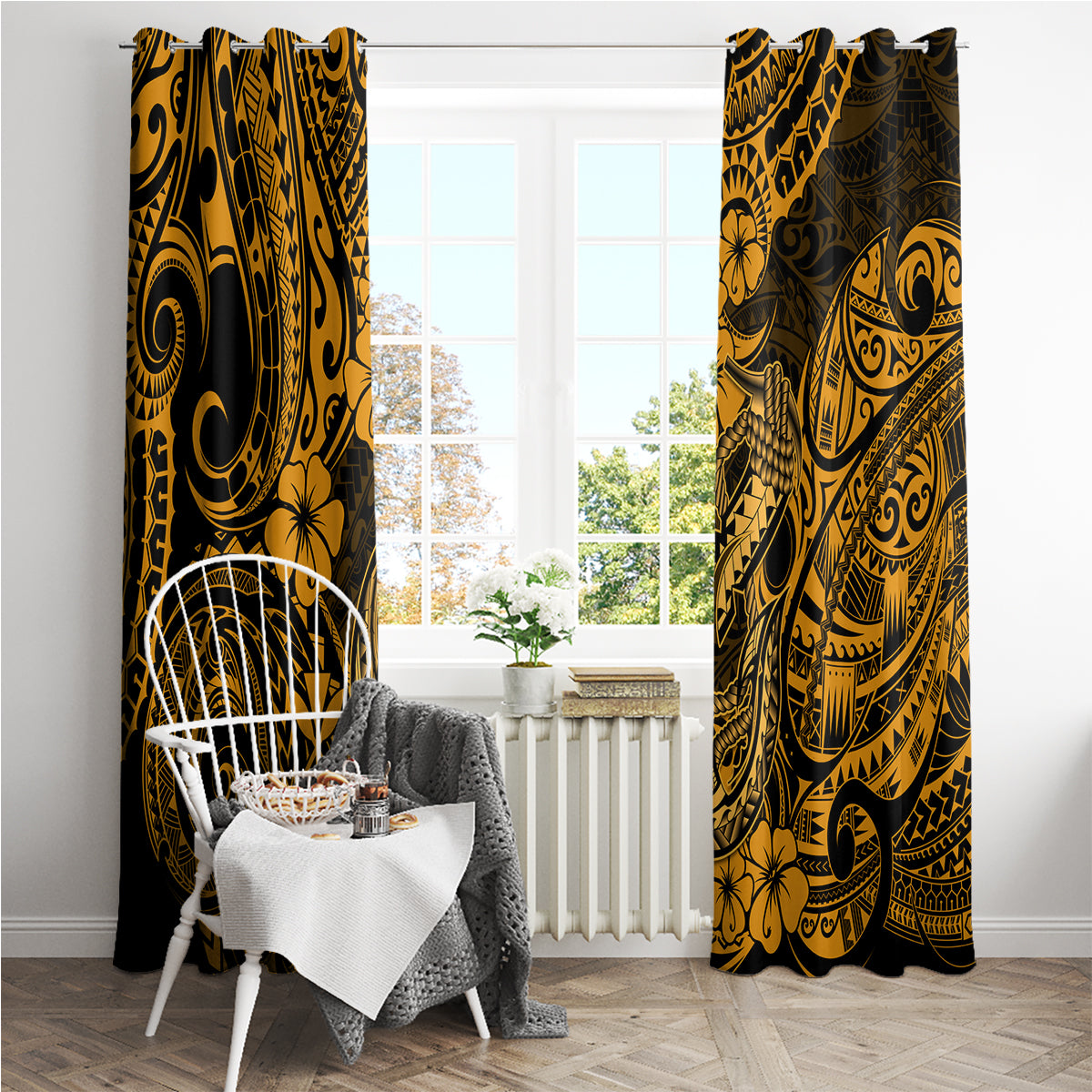 Hawaii Fish Hook Window Curtain Polynesian Pattern Gold Version - Wonder Print Shop