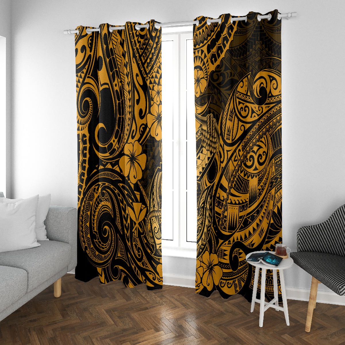 Hawaii Fish Hook Window Curtain Polynesian Pattern Gold Version - Wonder Print Shop