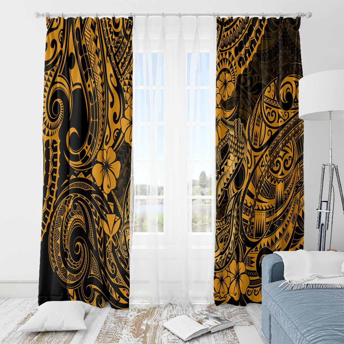 Hawaii Fish Hook Window Curtain Polynesian Pattern Gold Version - Wonder Print Shop