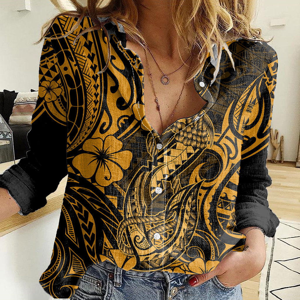 Hawaii Fish Hook Women Casual Shirt Polynesian Pattern Gold Version - Wonder Print Shop