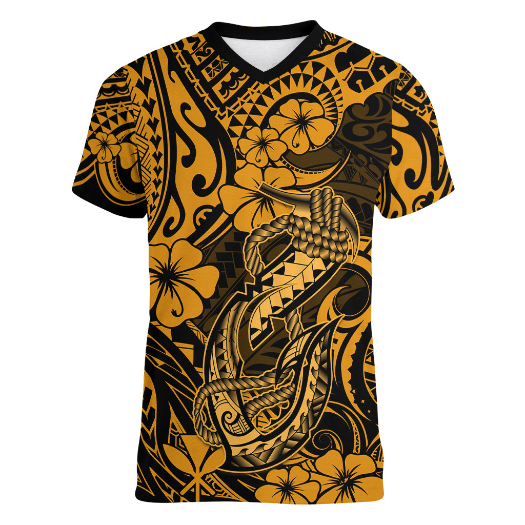 Hawaii Fish Hook Women V Neck T Shirt Polynesian Pattern Gold Version - Wonder Print Shop