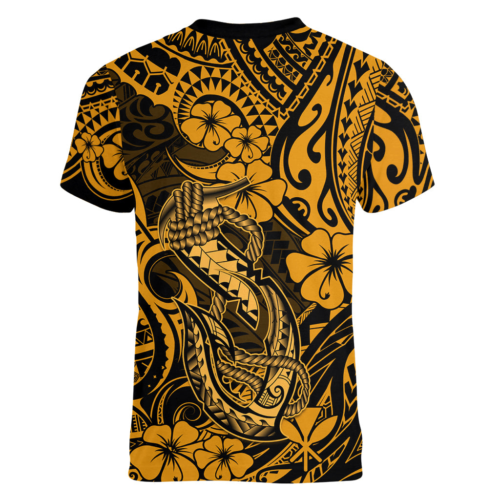 Hawaii Fish Hook Women V Neck T Shirt Polynesian Pattern Gold Version - Wonder Print Shop