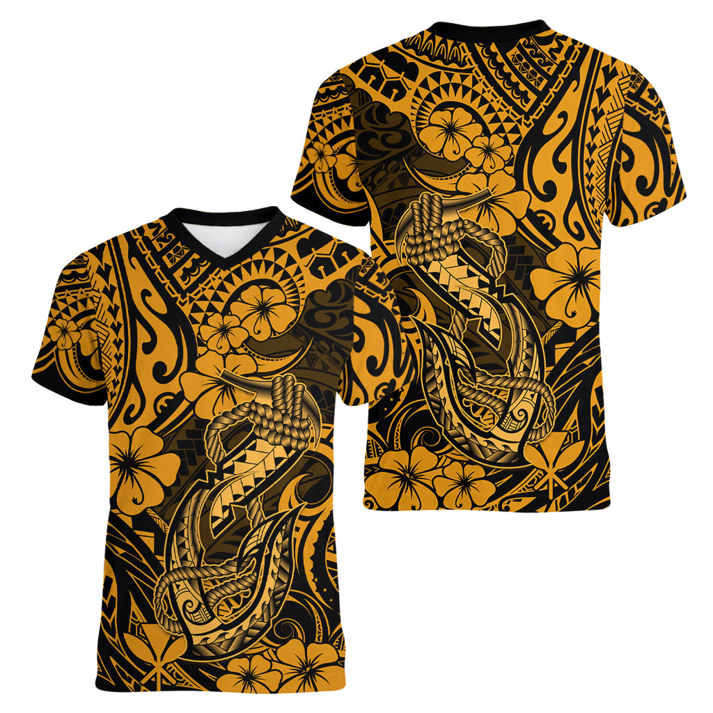 Hawaii Fish Hook Women V Neck T Shirt Polynesian Pattern Gold Version - Wonder Print Shop