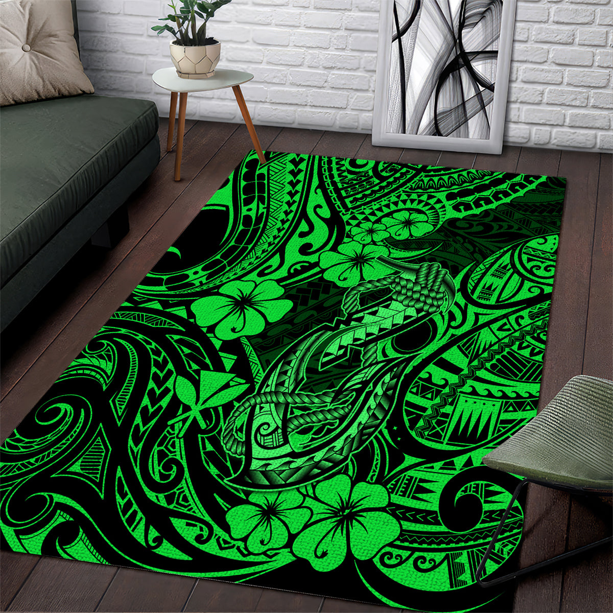 Hawaii Fish Hook Area Rug Polynesian Pattern Green Version - Wonder Print Shop