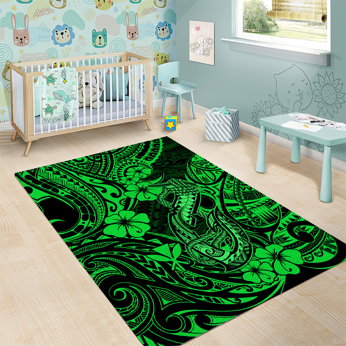 Hawaii Fish Hook Area Rug Polynesian Pattern Green Version - Wonder Print Shop