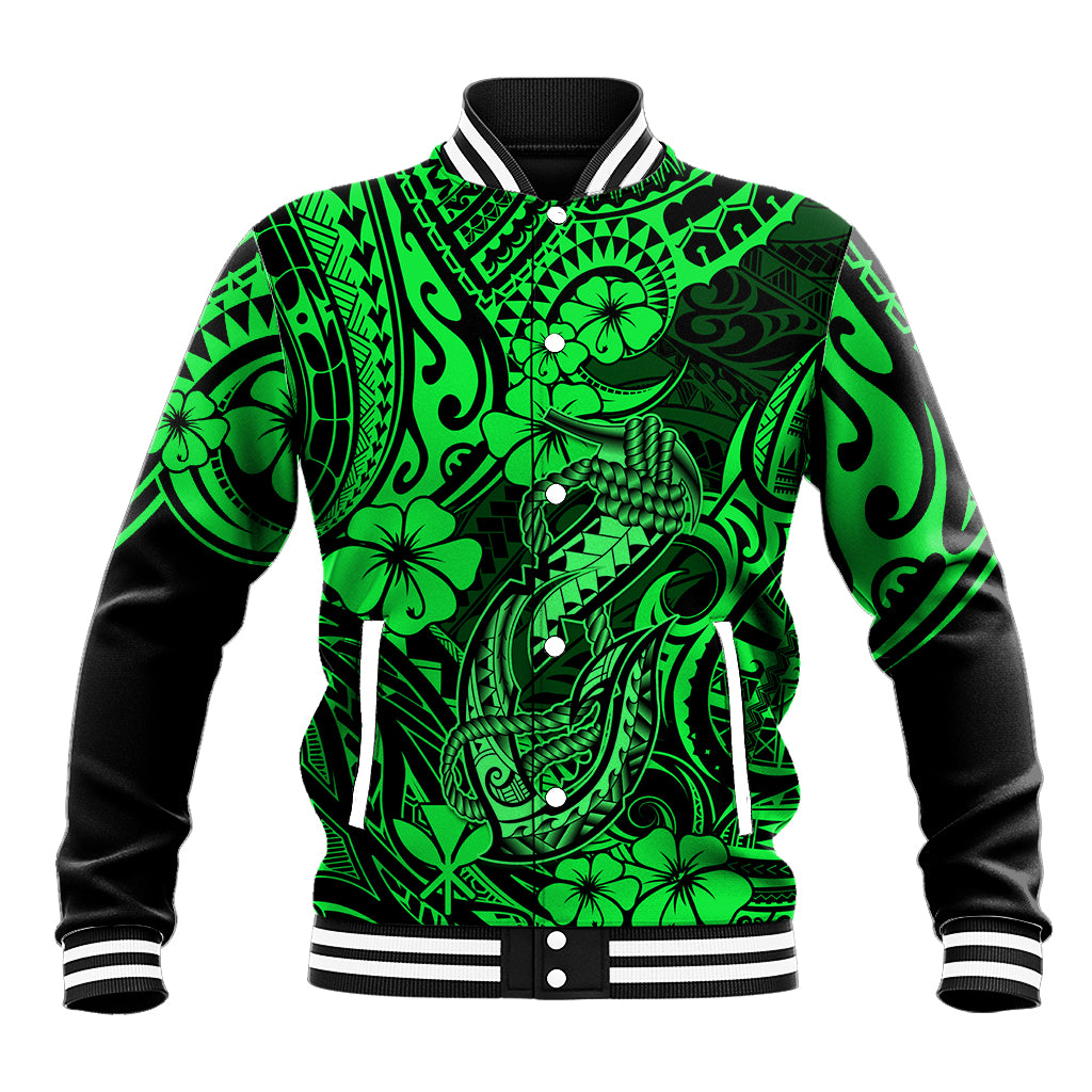 Hawaii Fish Hook Baseball Jacket Polynesian Pattern Green Version - Wonder Print Shop