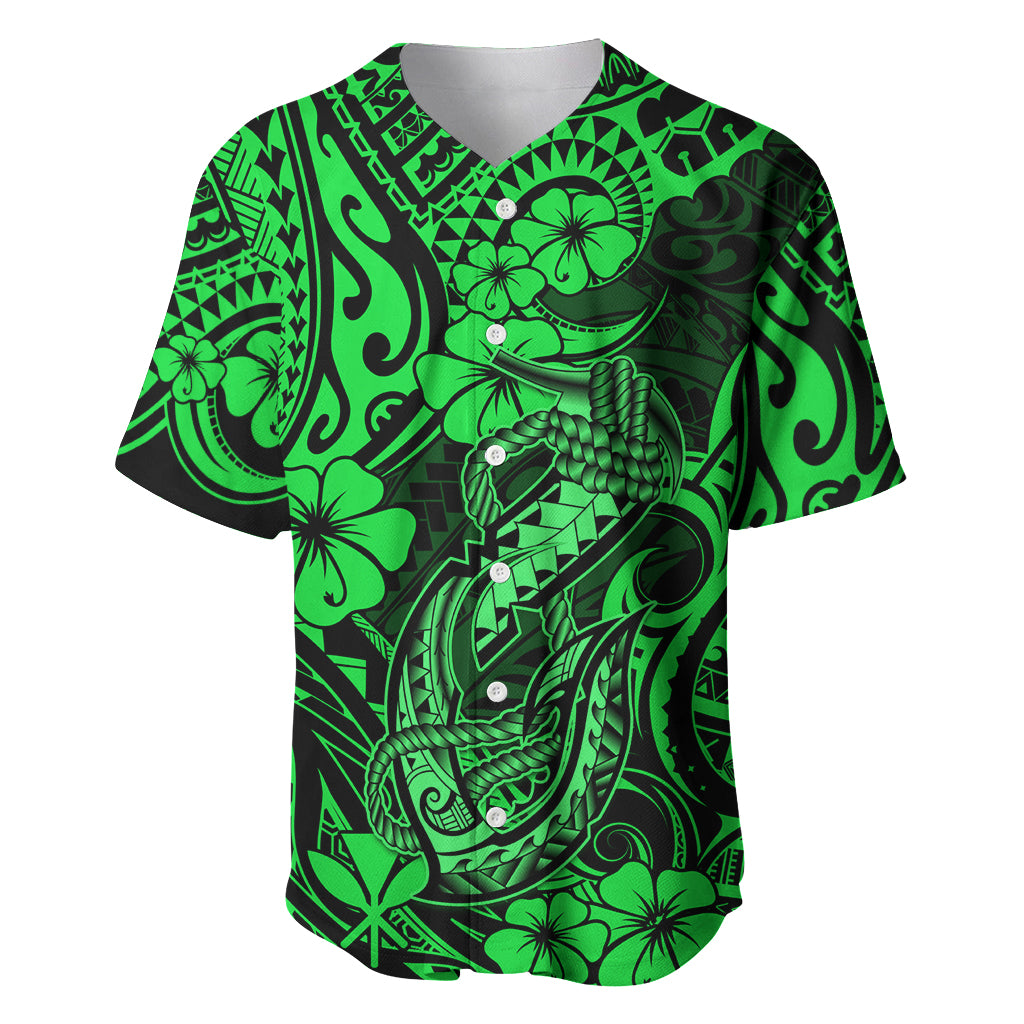 Hawaii Fish Hook Baseball Jersey Polynesian Pattern Green Version - Wonder Print Shop