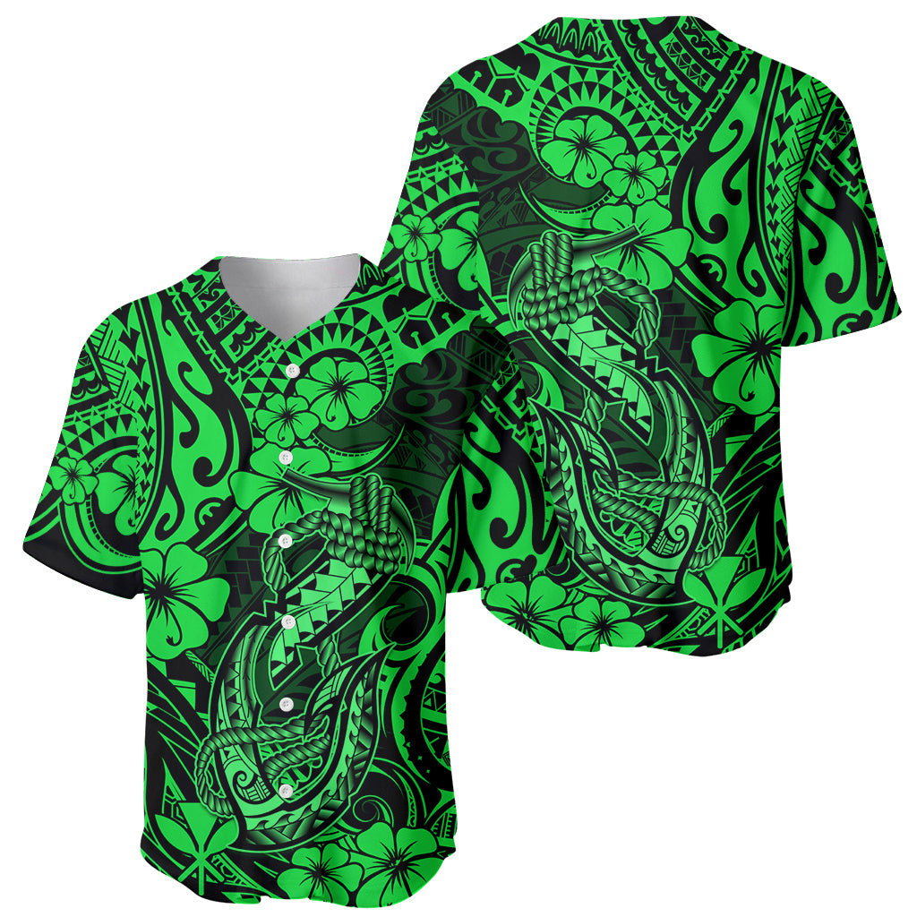 Hawaii Fish Hook Baseball Jersey Polynesian Pattern Green Version - Wonder Print Shop