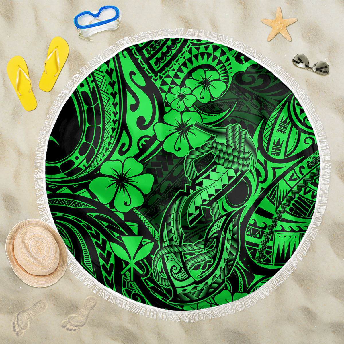 Hawaii Fish Hook Beach Blanket Polynesian Pattern Green Version - Wonder Print Shop
