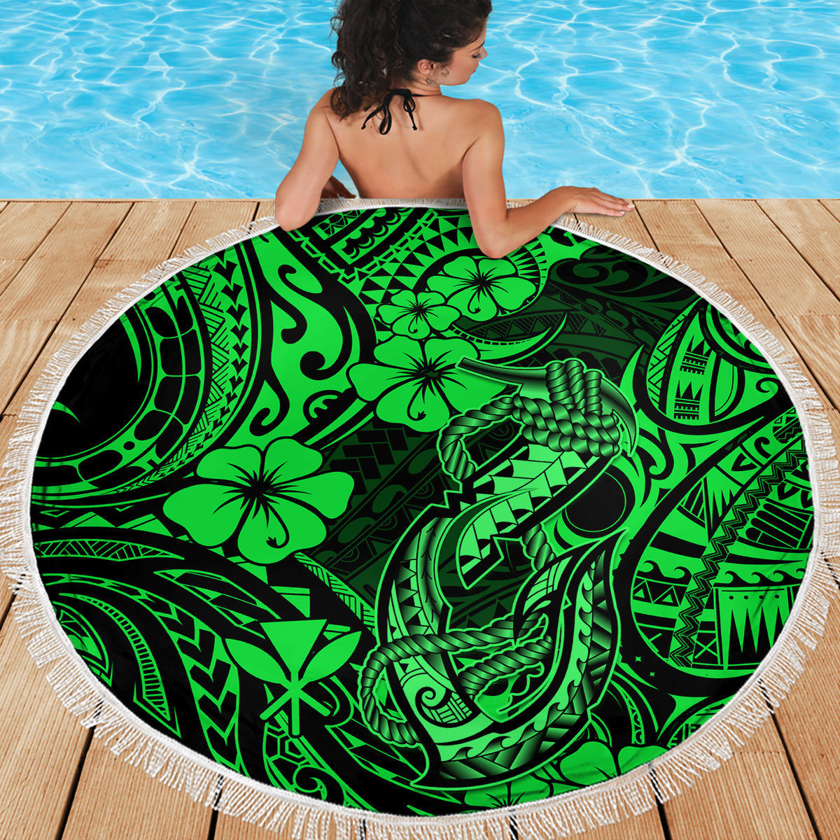 Hawaii Fish Hook Beach Blanket Polynesian Pattern Green Version - Wonder Print Shop