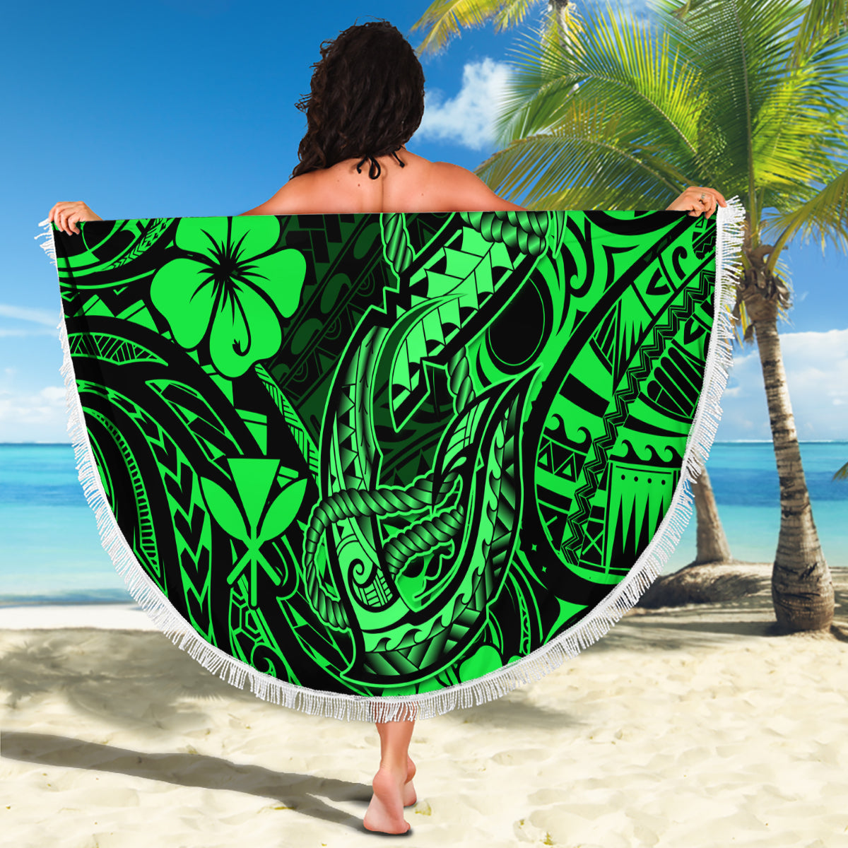 Hawaii Fish Hook Beach Blanket Polynesian Pattern Green Version - Wonder Print Shop