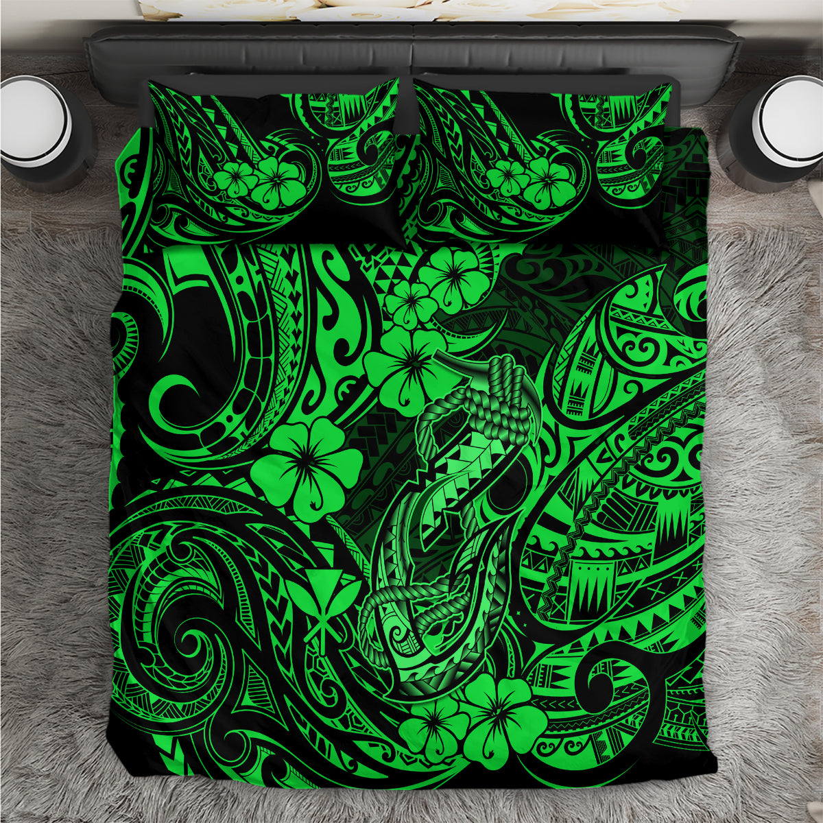 Hawaii Fish Hook Bedding Set Polynesian Pattern Green Version - Wonder Print Shop