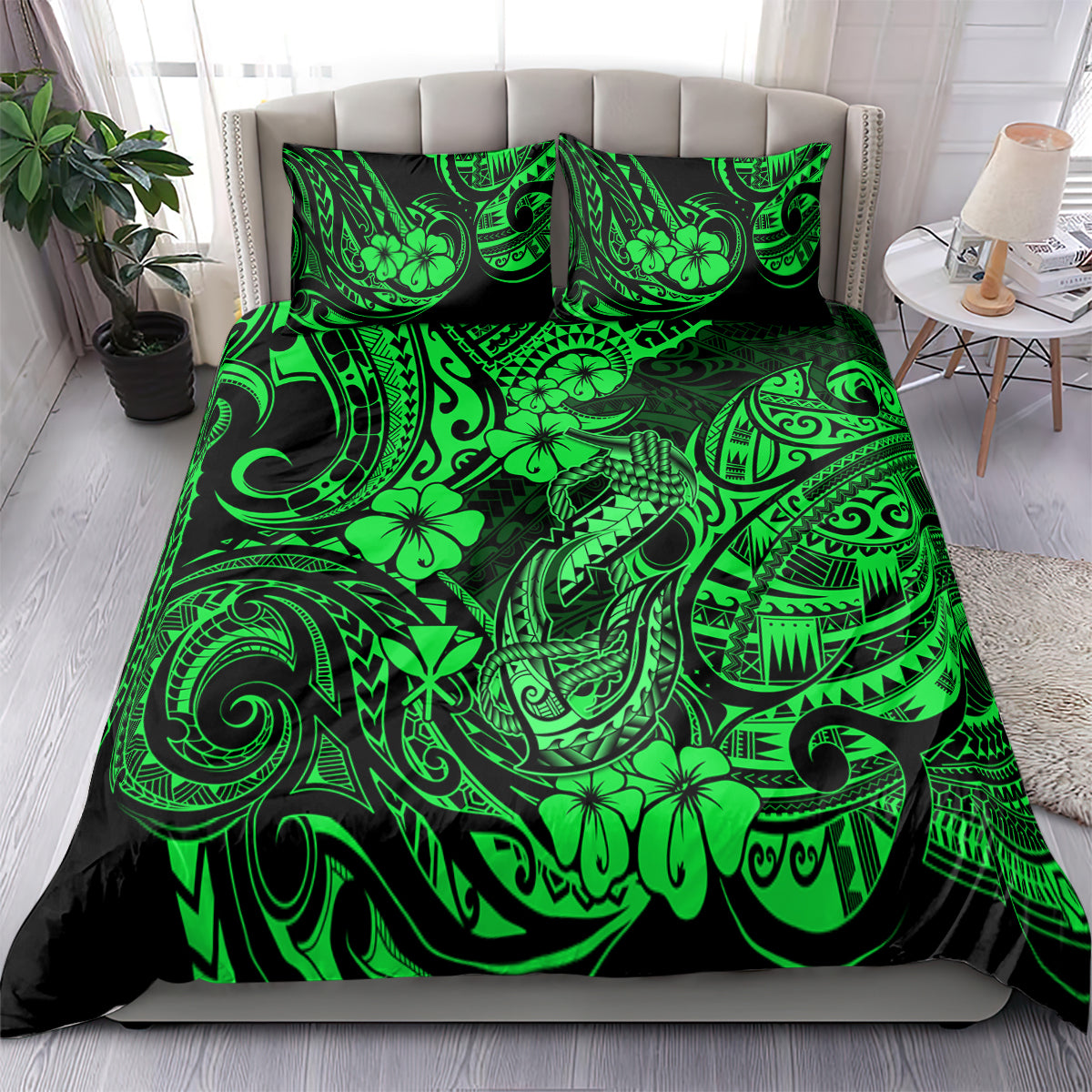 Hawaii Fish Hook Bedding Set Polynesian Pattern Green Version - Wonder Print Shop
