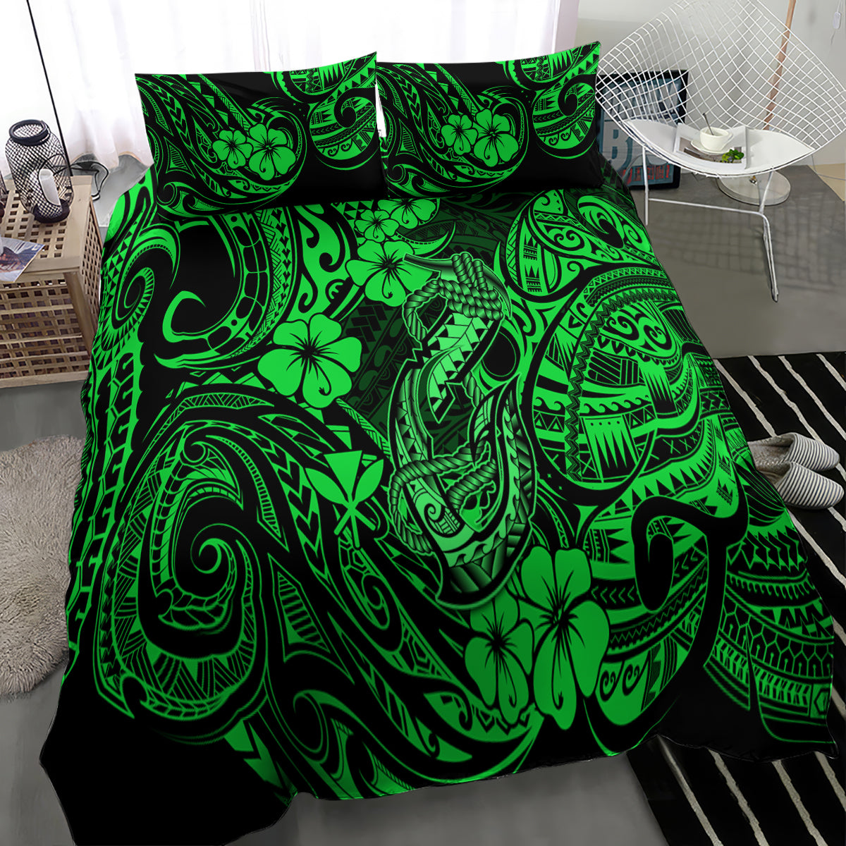 Hawaii Fish Hook Bedding Set Polynesian Pattern Green Version - Wonder Print Shop