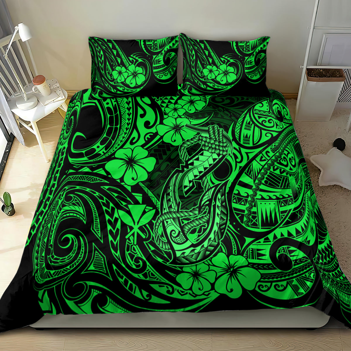 Hawaii Fish Hook Bedding Set Polynesian Pattern Green Version - Wonder Print Shop