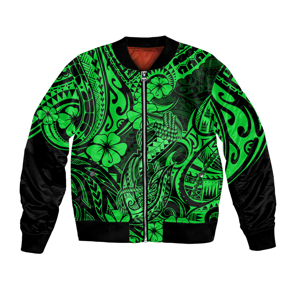 Hawaii Fish Hook Bomber Jacket Polynesian Pattern Green Version - Wonder Print Shop