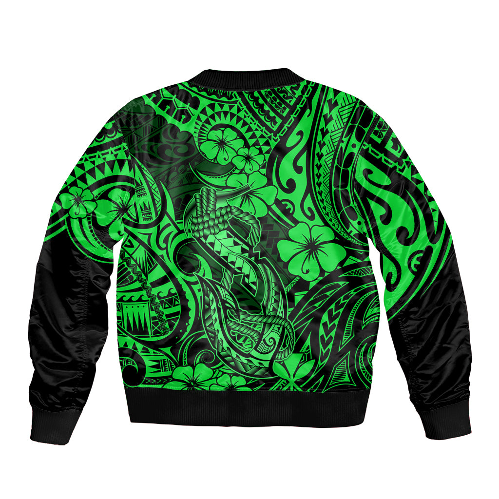 Hawaii Fish Hook Bomber Jacket Polynesian Pattern Green Version - Wonder Print Shop