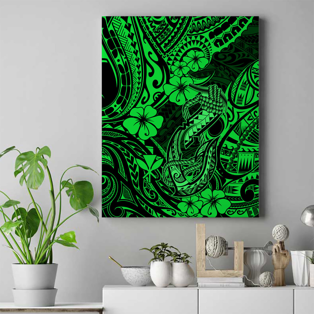 Hawaii Fish Hook Canvas Wall Art Polynesian Pattern Green Version - Wonder Print Shop