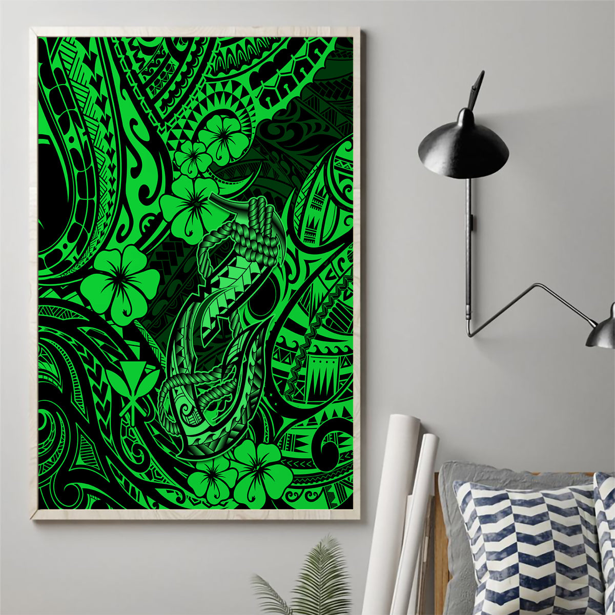 Hawaii Fish Hook Canvas Wall Art Polynesian Pattern Green Version - Wonder Print Shop