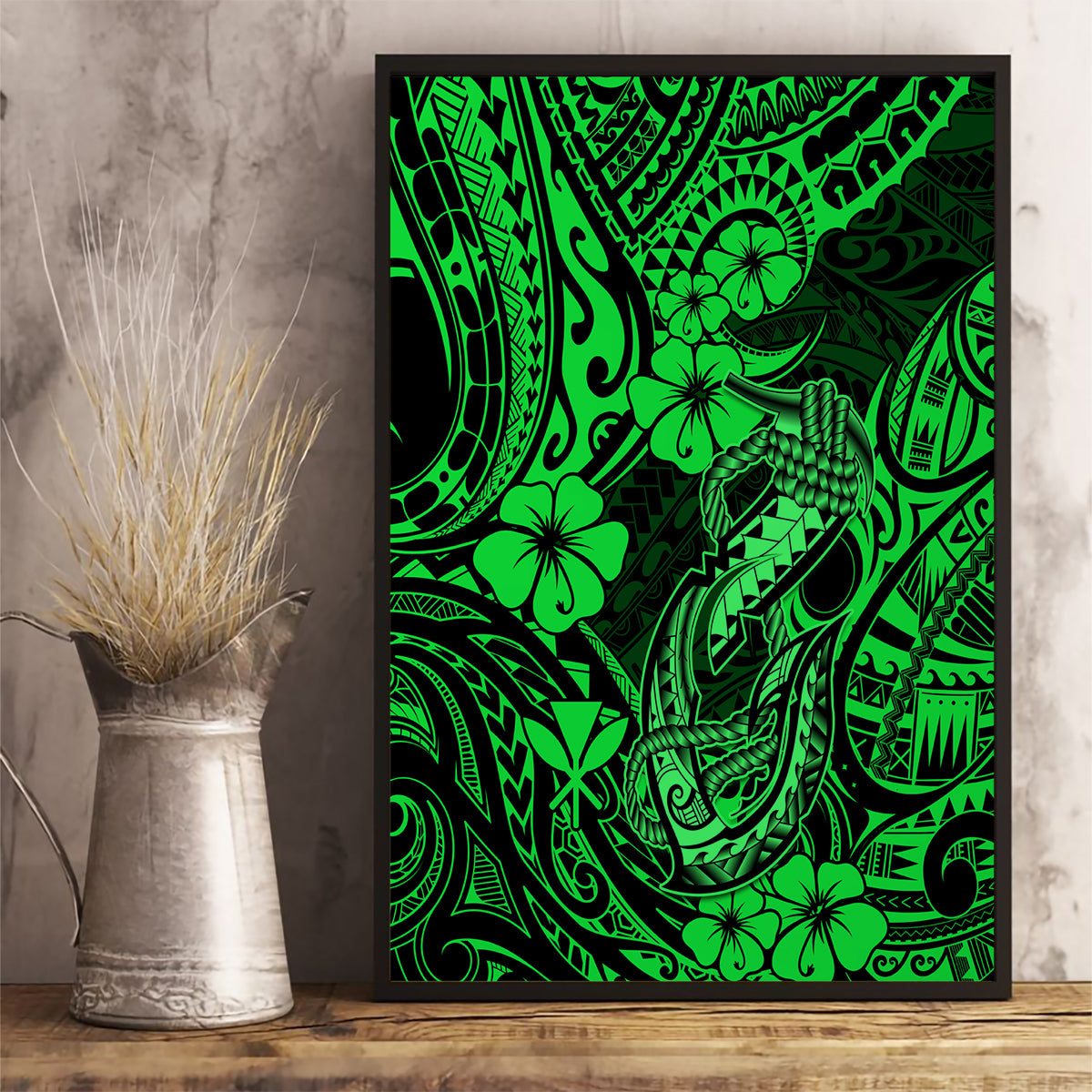 Hawaii Fish Hook Canvas Wall Art Polynesian Pattern Green Version - Wonder Print Shop