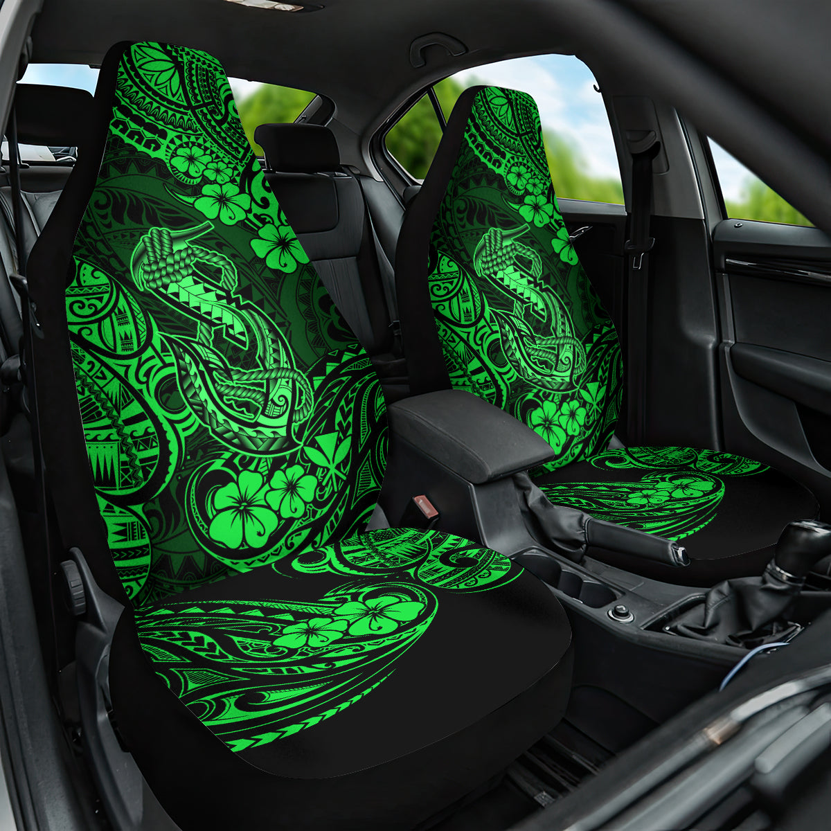 Hawaii Fish Hook Car Seat Cover Polynesian Pattern Green Version - Wonder Print Shop