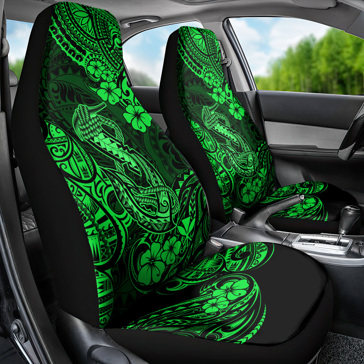 Hawaii Fish Hook Car Seat Cover Polynesian Pattern Green Version - Wonder Print Shop